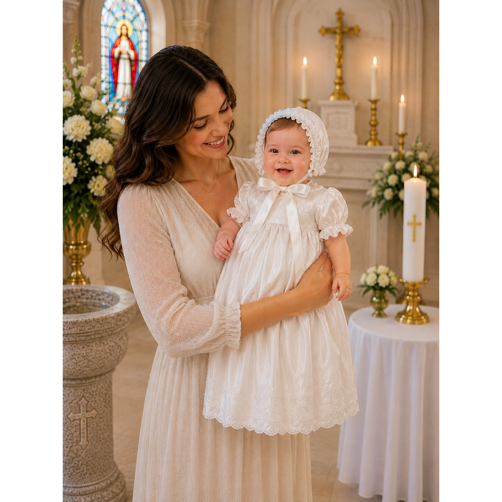 White Christening/Baptism Dress & Bonnet Set - Size 18M  NEW